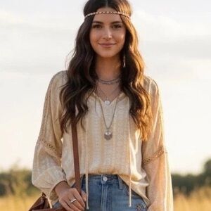 Como Blu Boho Yellow Peasant Blouse Small Crochet Sleeve Boho Hippie Top S